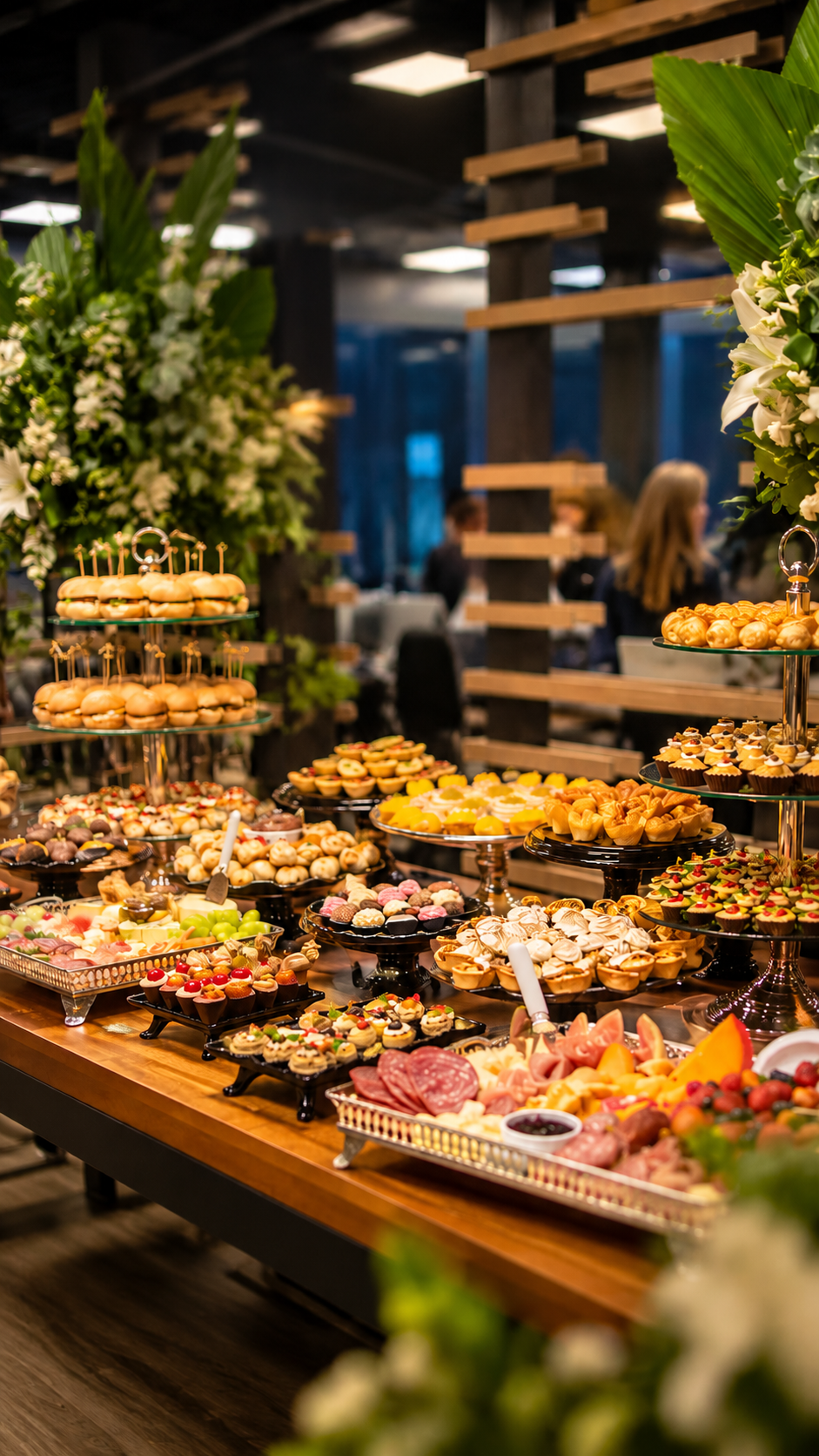 Mesa Gourmet Evínia montada com louças e produtos para um evento