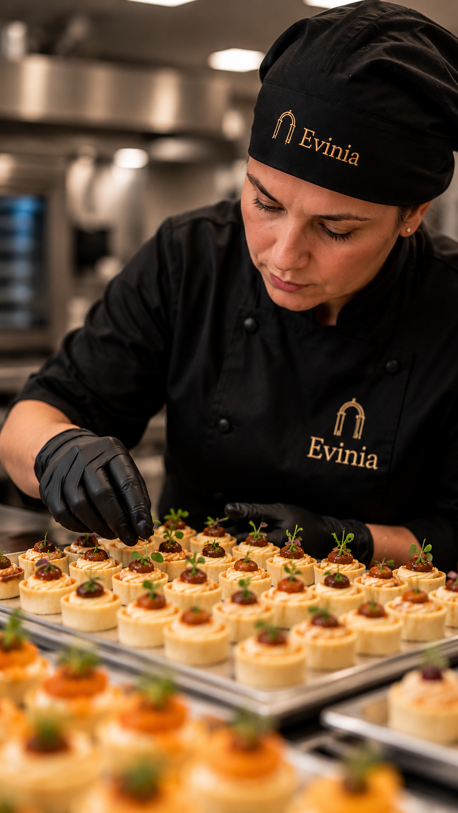 Profissional da Evínia finalizando canapés na fábrica própria