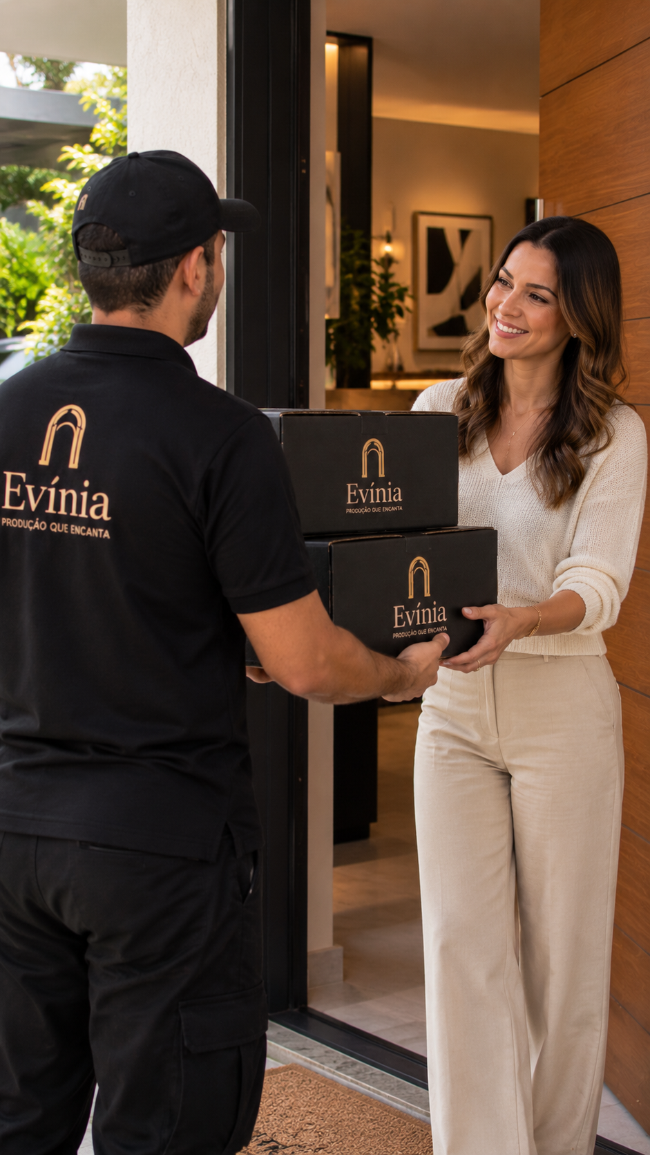 Profissional Evínia uniformizado entregando embalagens de produtos em uma residência